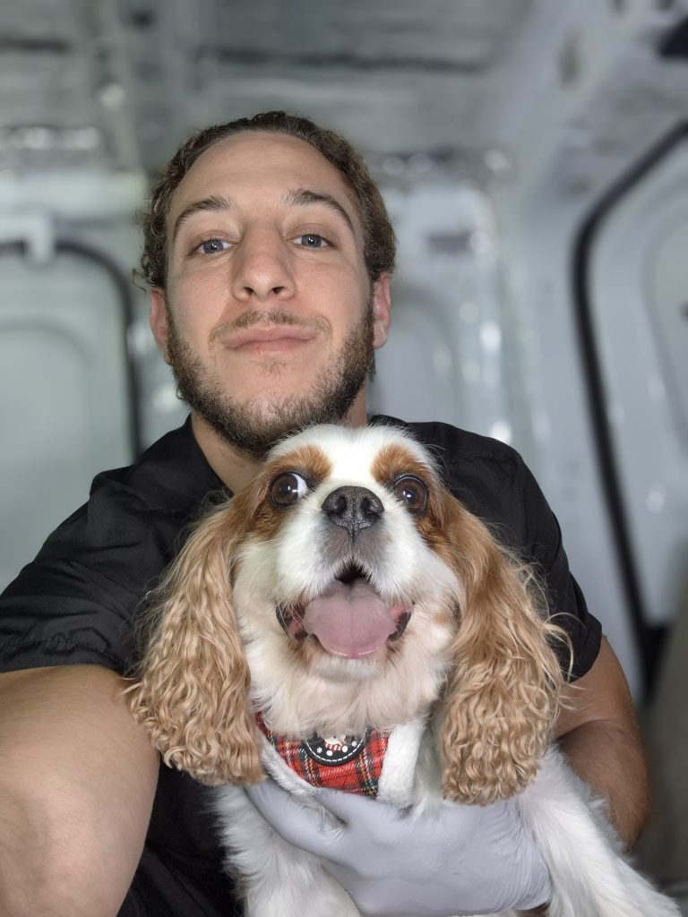 Royal Touch technician holding a Cavalier King Charles Spaniel in the mobile dental van